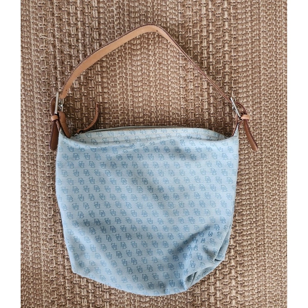 Vintage Y2K Blue Zip Dooney & Bourke Canvas Hobo Bag Purse Tan Leather Strap